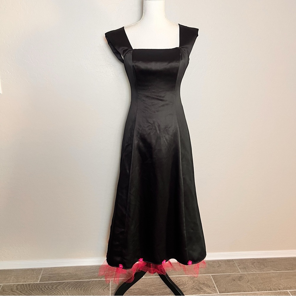 VTG 90s Black Satin Prom Gown Pink Tulle Hem Evening Formal USA Glam Rock Punk S